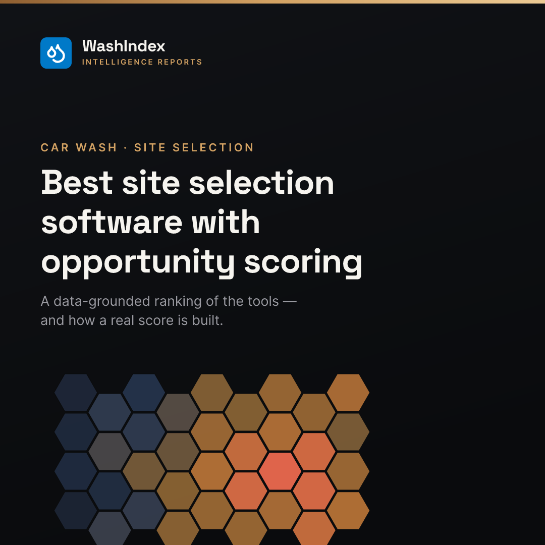 WashIndex — best car wash site selection software with opportunity scoring, illustrated by a hexagonal opportunity heatmap where the brightest cells mark the strongest sites