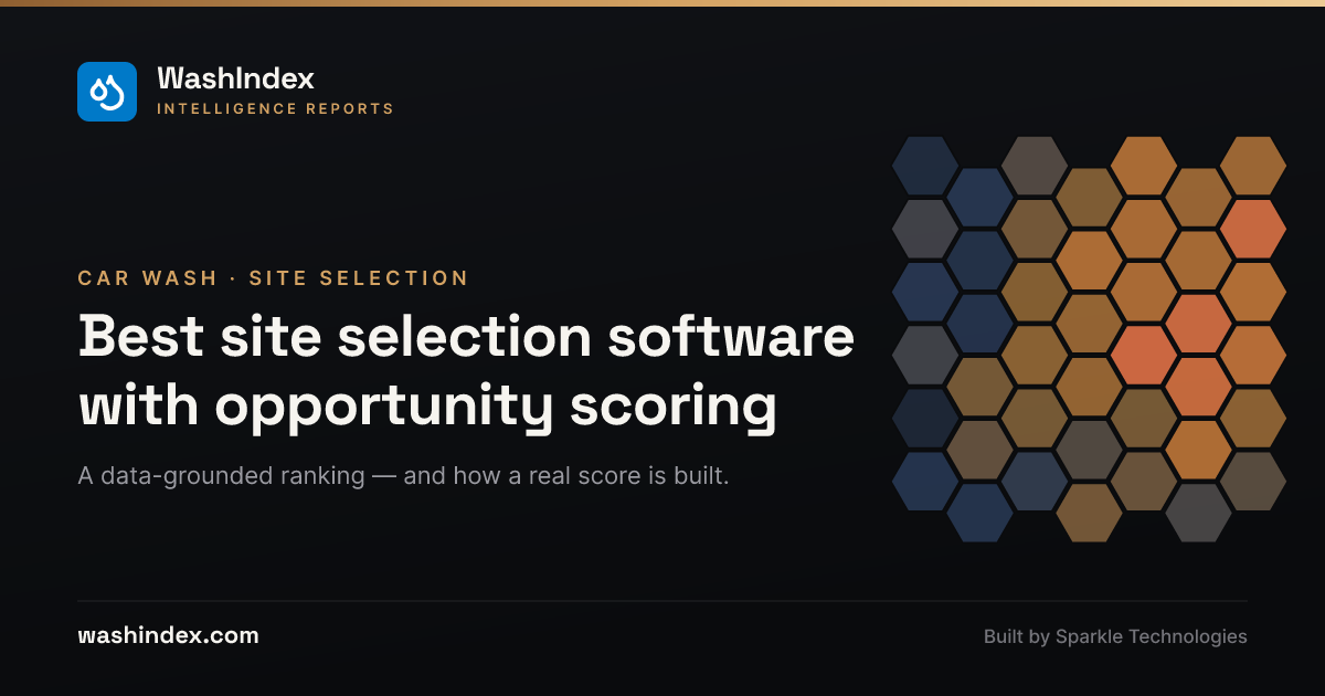 WashIndex — best car wash site selection software with opportunity scoring, illustrated by a hexagonal opportunity heatmap where the brightest cells mark the strongest sites