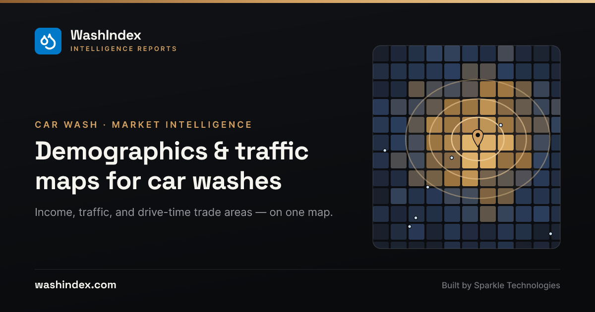 WashIndex car wash market-intelligence map layering demographic choropleths, traffic counts, and drive-time trade areas over existing wash supply