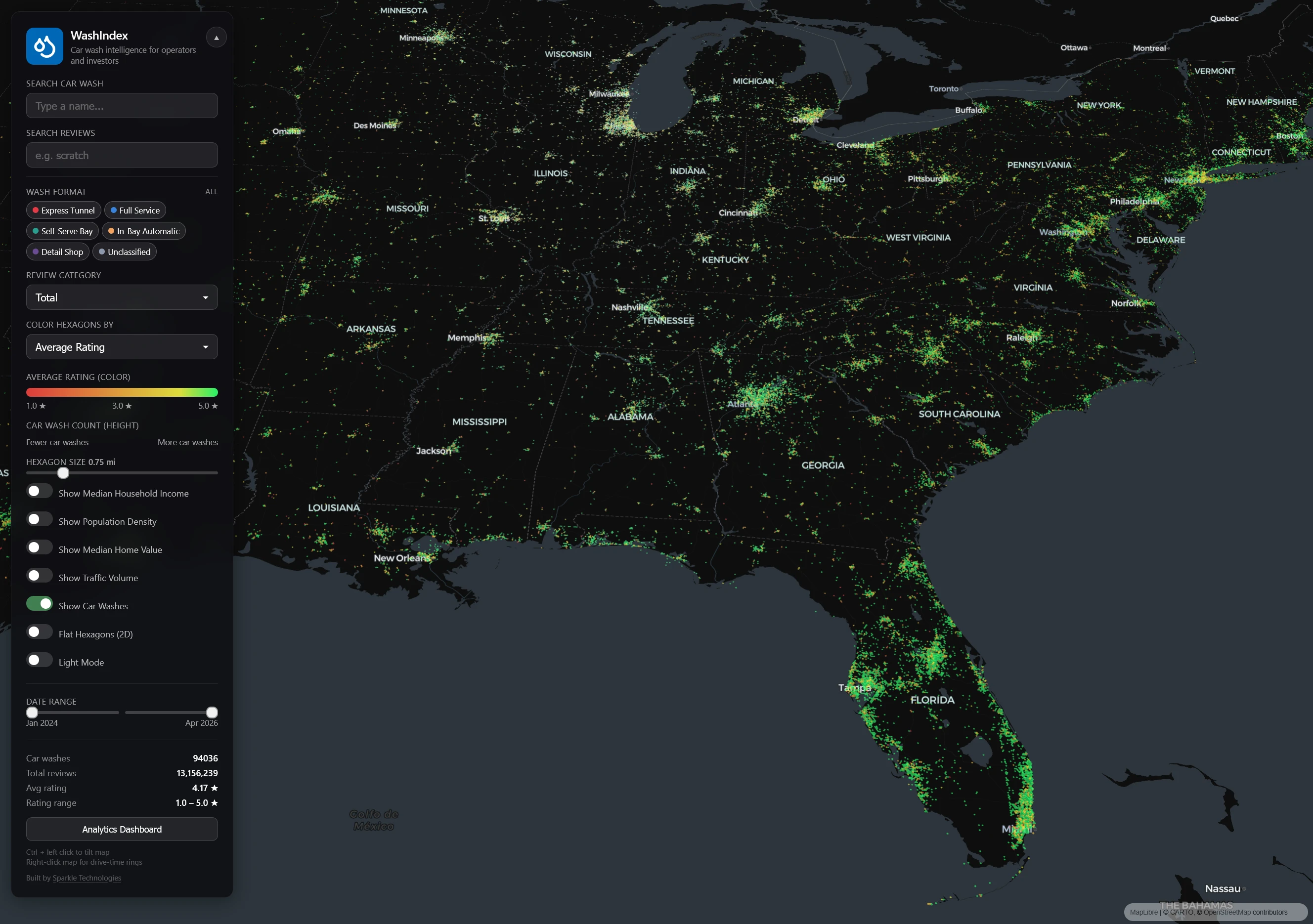WashIndex nationwide car wash density map with sidebar filters and dataset controls