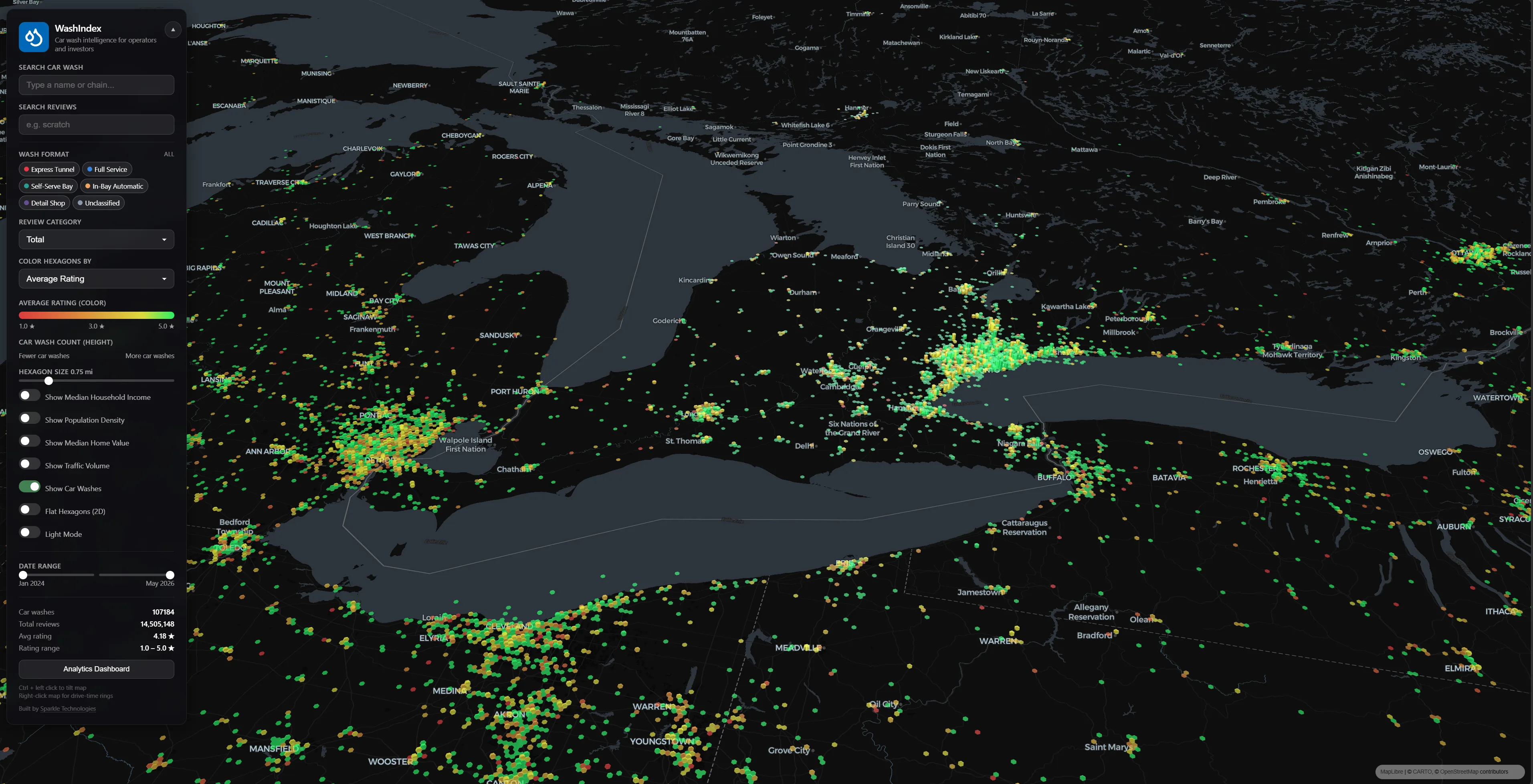 WashIndex platform map zoomed to Canada showing car wash locations across the country with the same per-location detail panel used for US washes