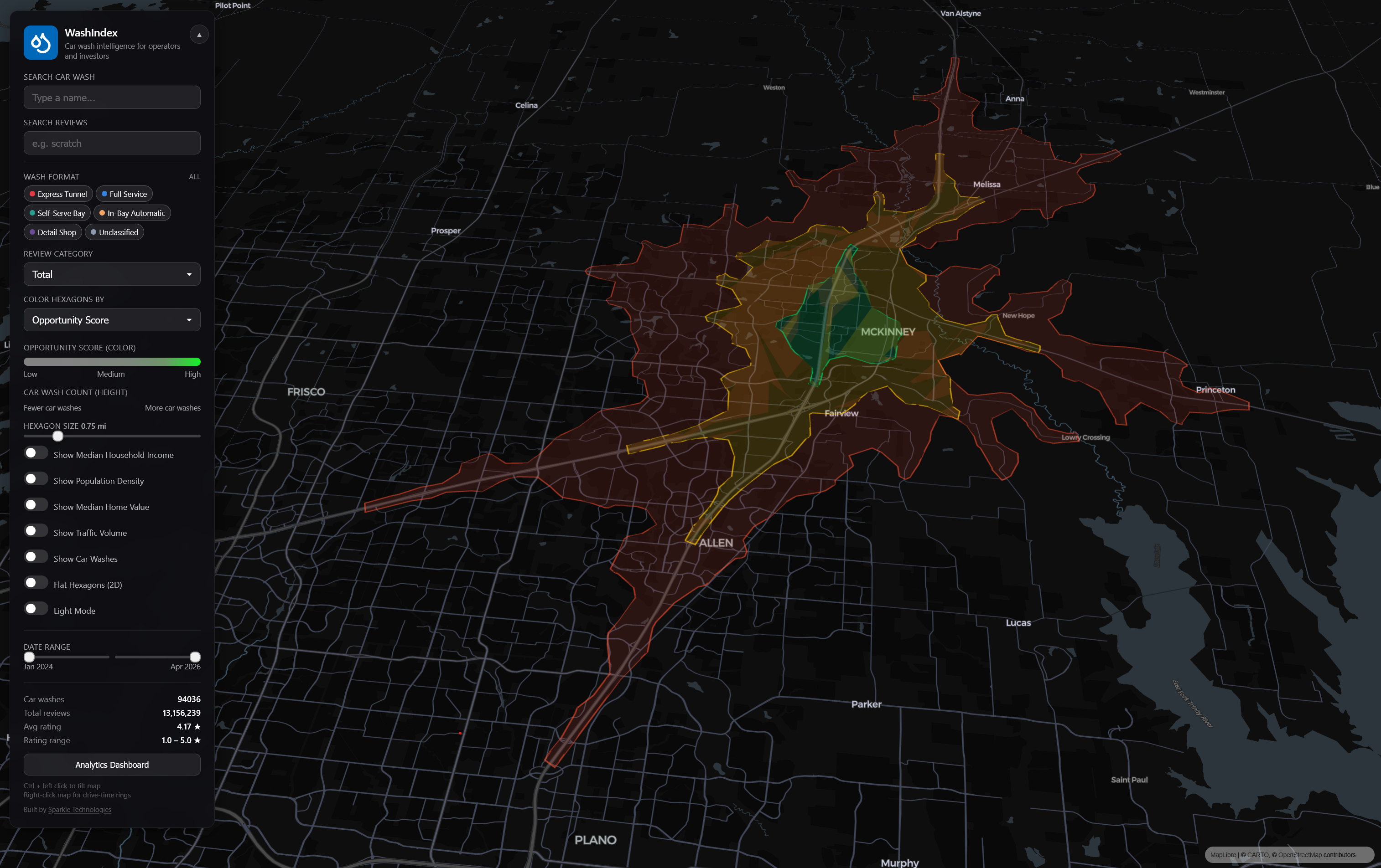 5, 10, and 15-minute drive-time rings around a point on the map, following the road network