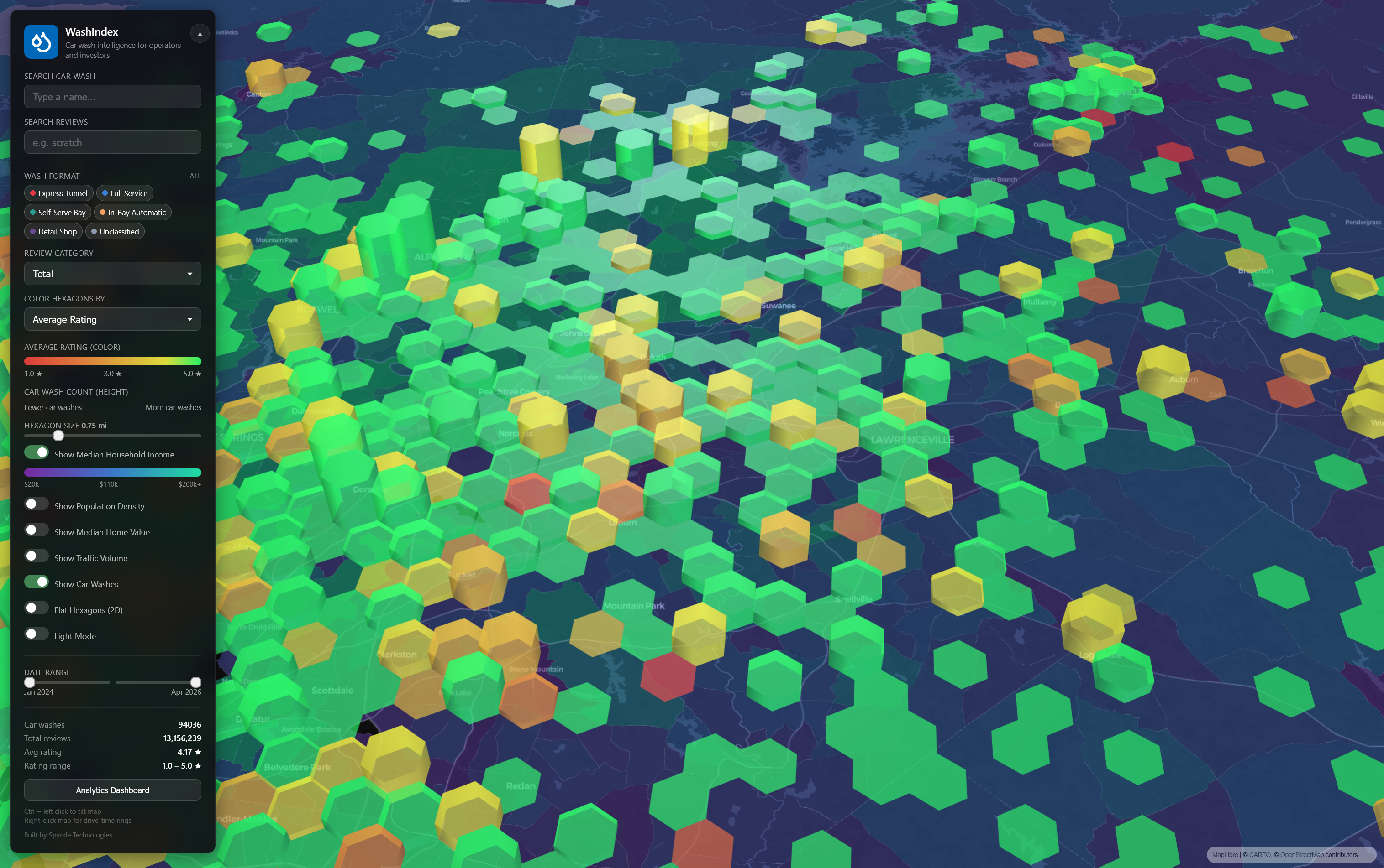 3D hexagonal heatmap of car washes across a metro area, height encoding density and color encoding average rating