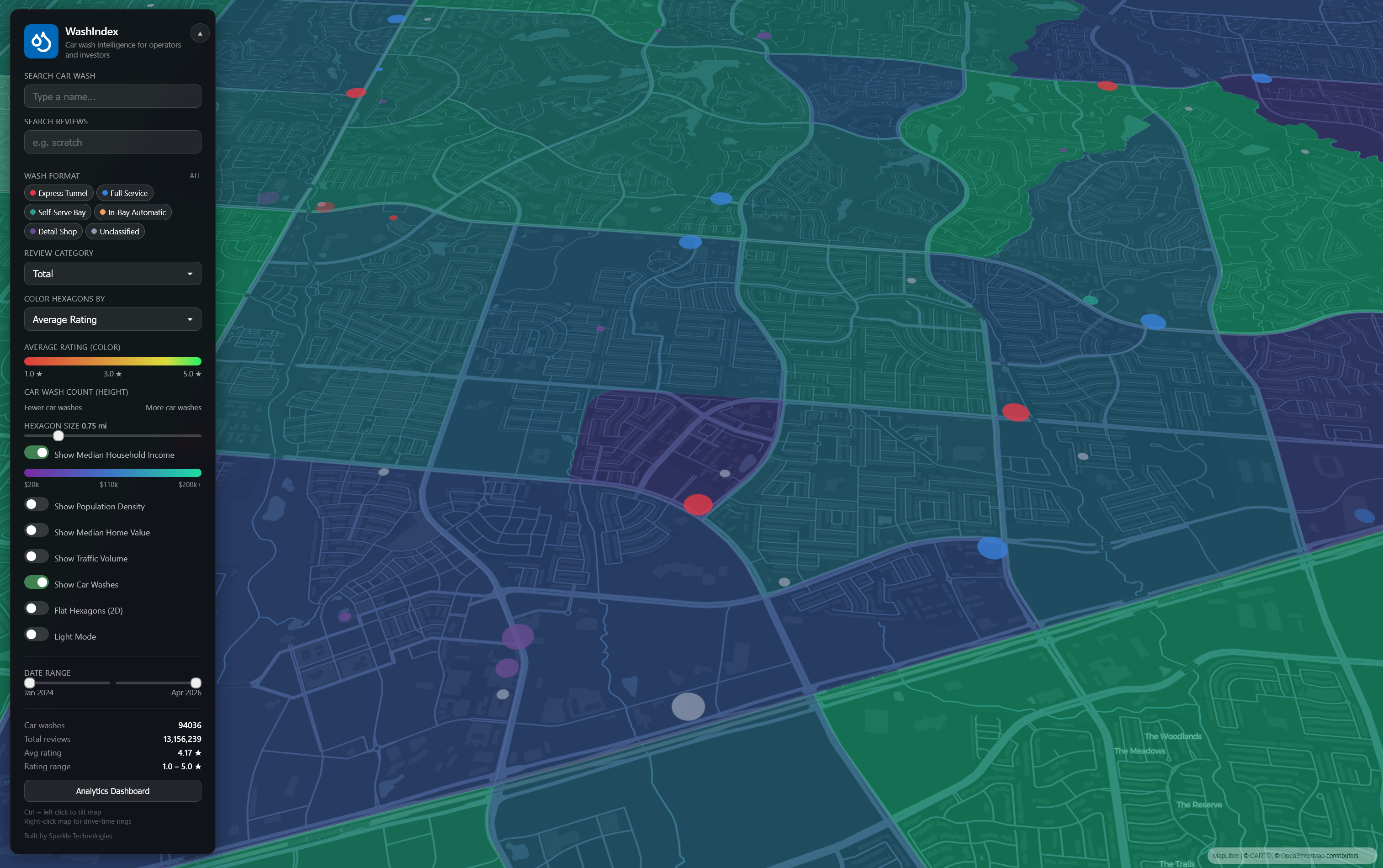 Zoomed-in map showing individual car wash locations on top of a median household income overlay