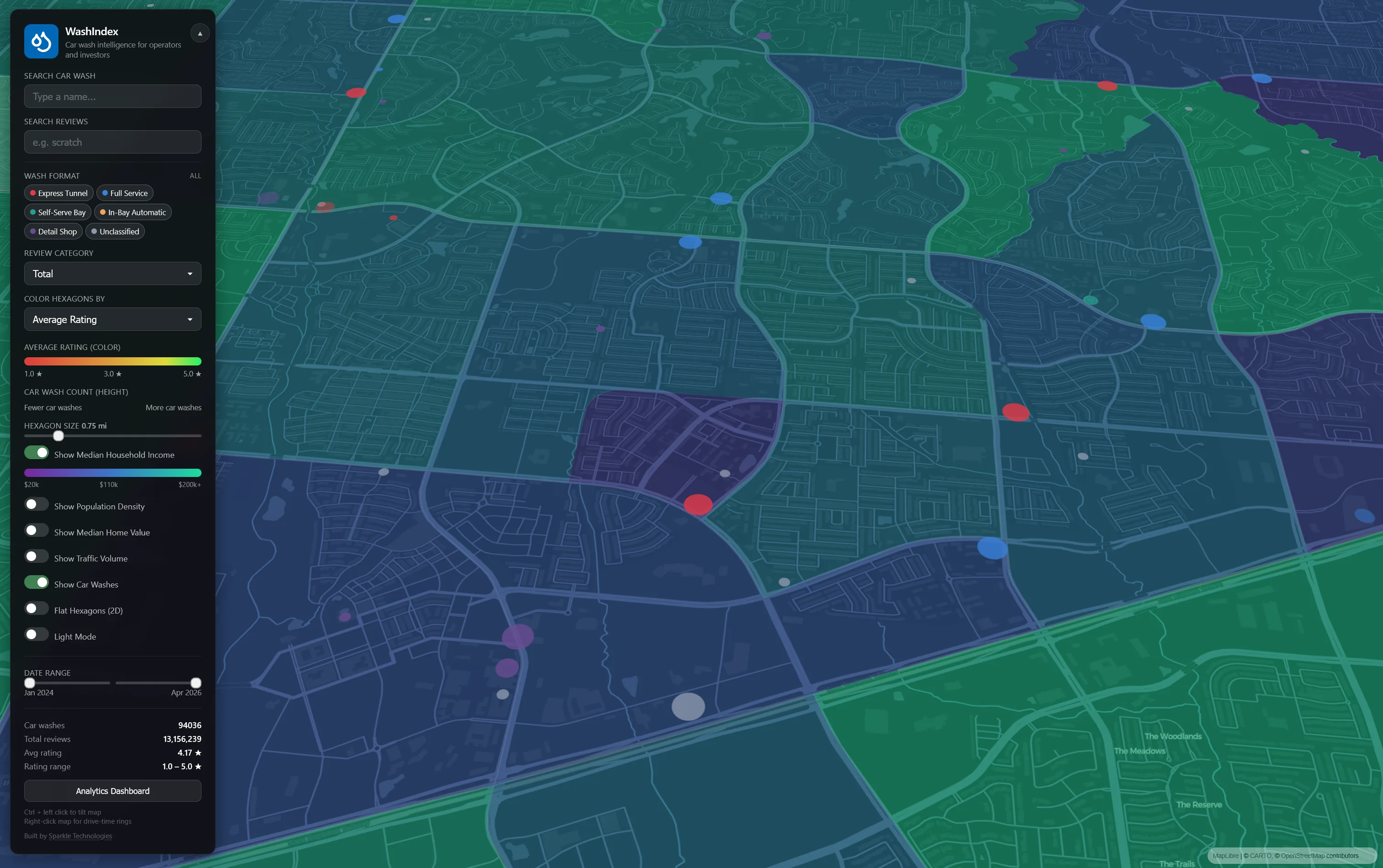 Zoomed-in map showing individual car wash locations on top of a median household income overlay