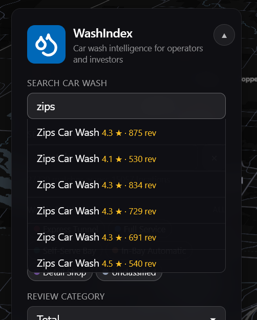 Search autocomplete showing multiple locations of a single car wash brand with their ratings and review counts