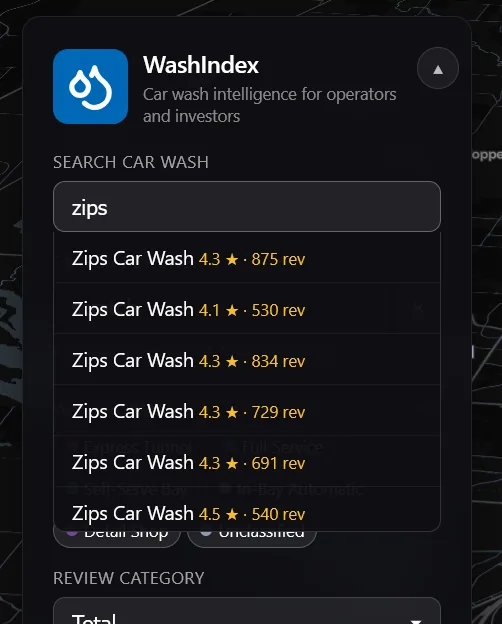 Search autocomplete showing multiple locations of a single car wash brand with their ratings and review counts