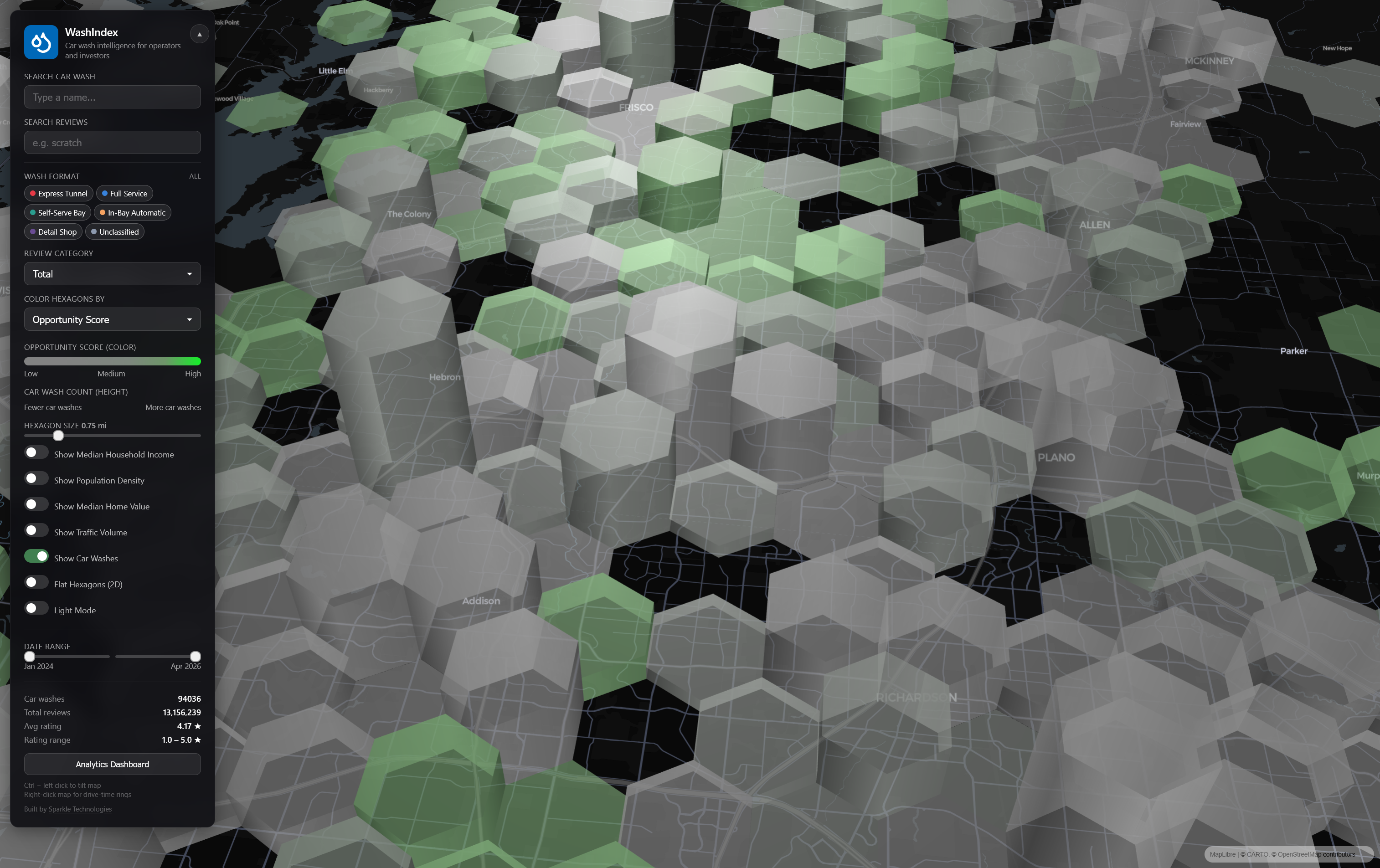 Map colored by Opportunity Score with bright green hexagons indicating high-opportunity, underserved areas