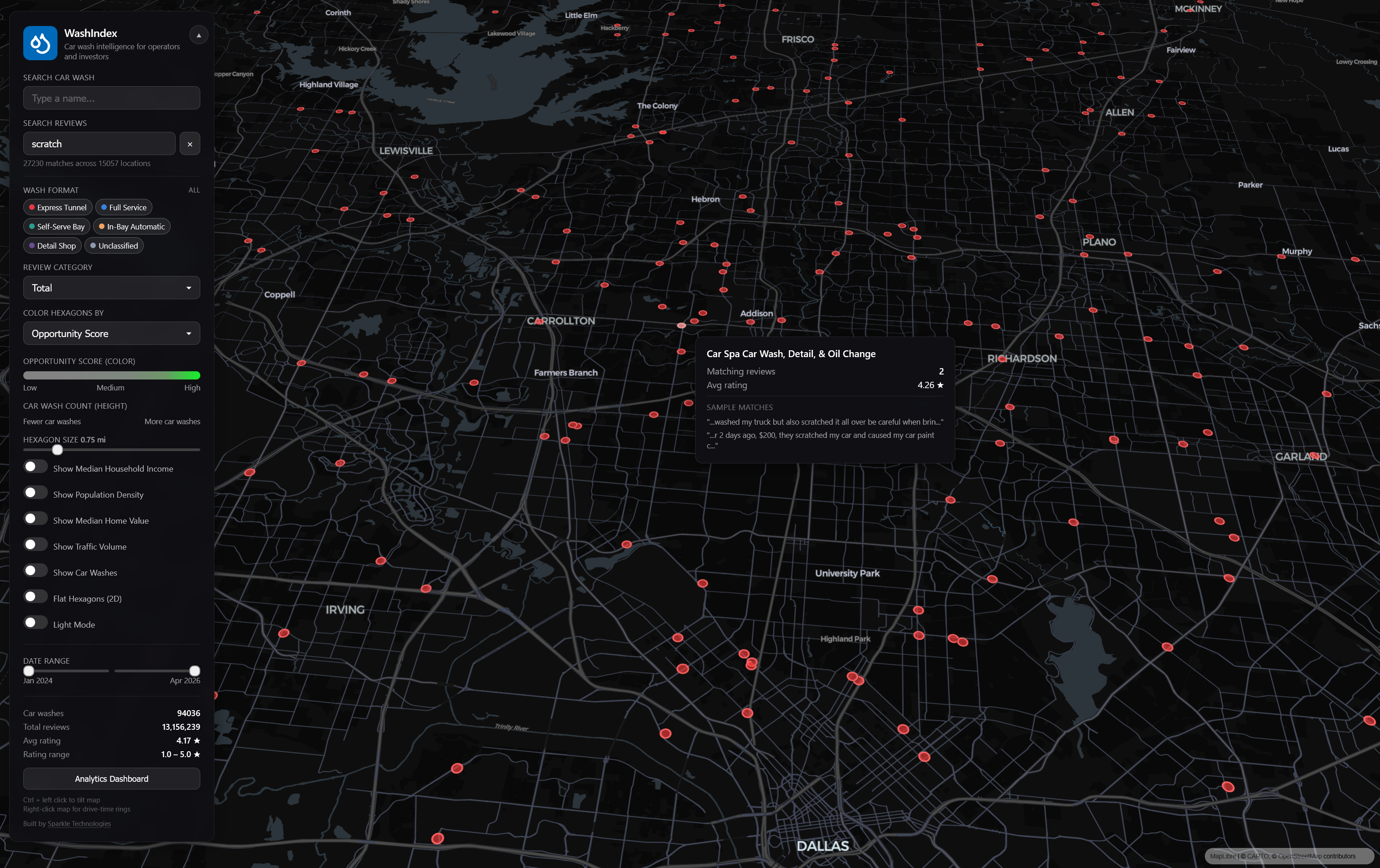 Keyword search for 'scratch' showing matching locations on the map and a panel with the matching review text and highlighted keywords
