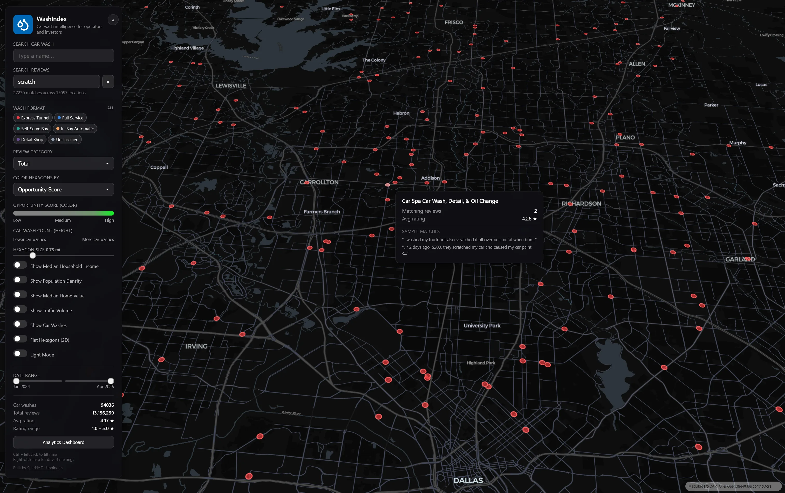 Keyword search for 'scratch' showing matching locations on the map and a panel with the matching review text and highlighted keywords