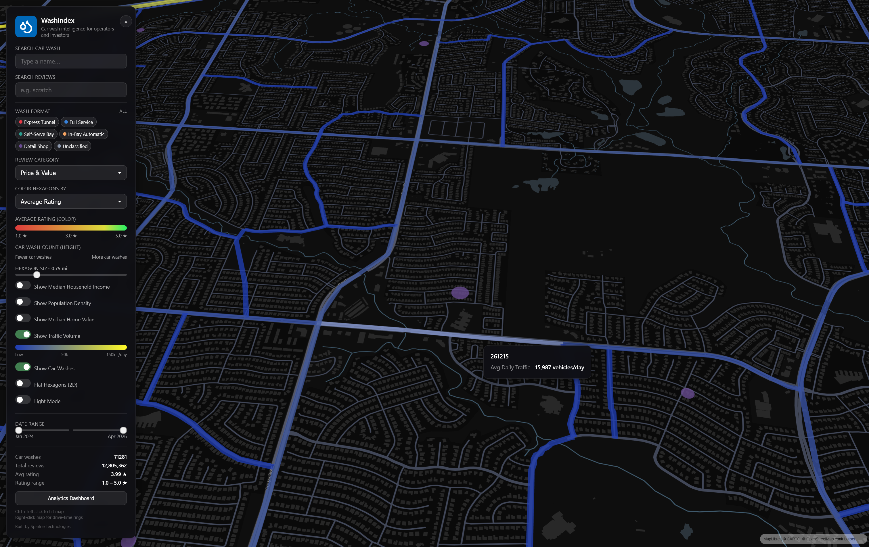DOT average daily traffic volumes rendered as colored road segments overlaid on the heatmap