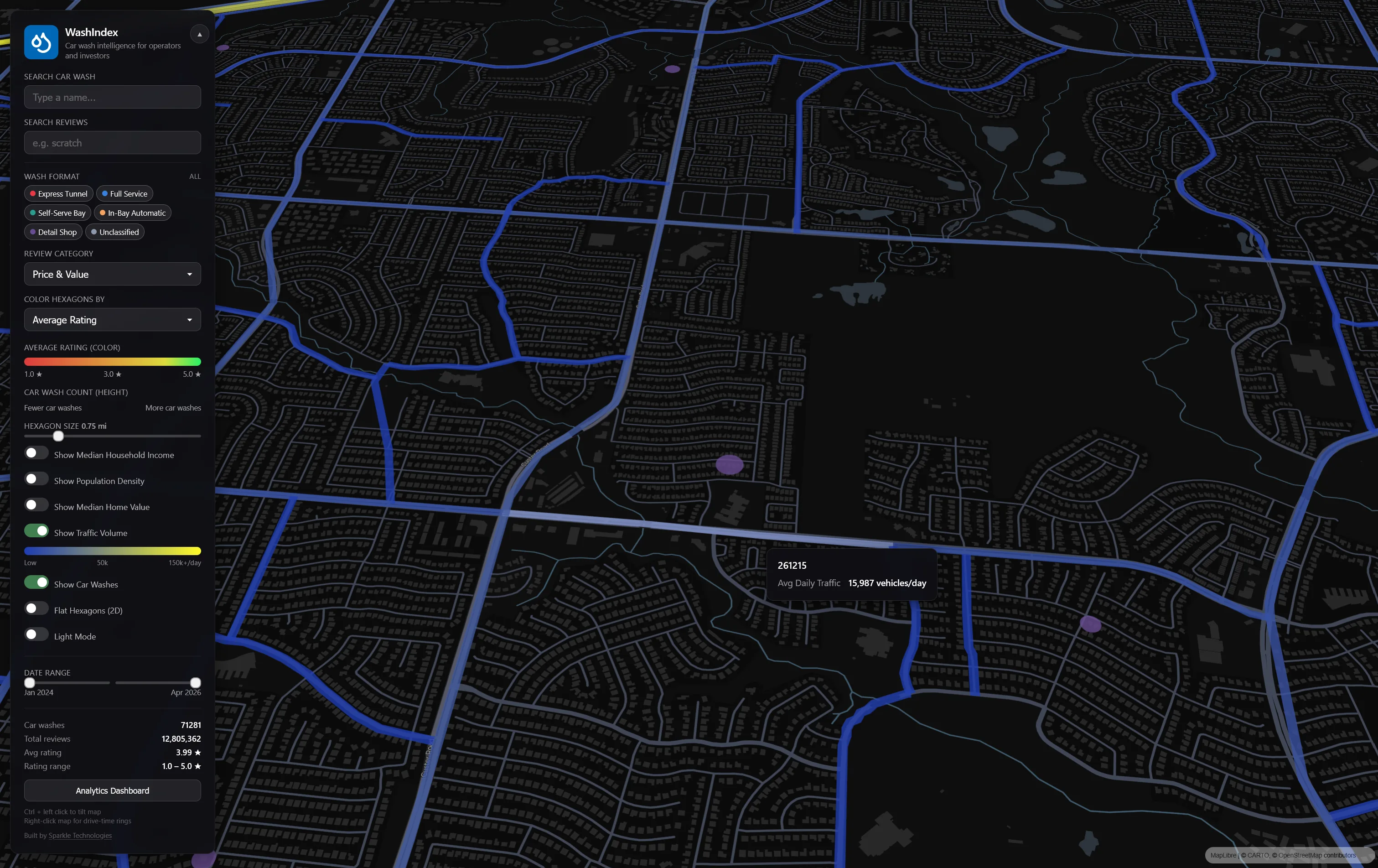 DOT average daily traffic volumes rendered as colored road segments overlaid on the heatmap