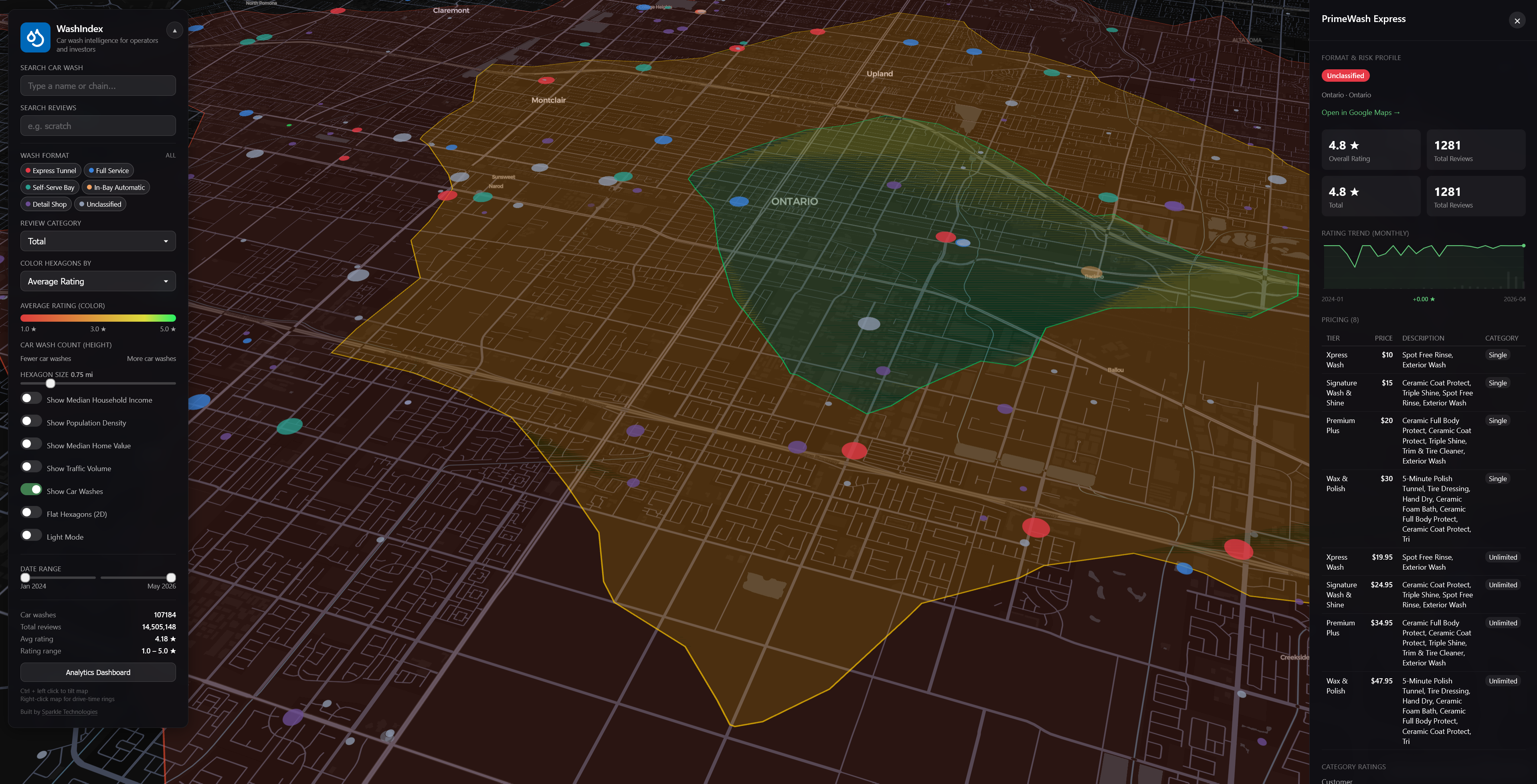 WashIndex platform with a drive-time isochrone overlaid on the map and a per-location panel showing wash prices, package tiers, and review-derived metrics